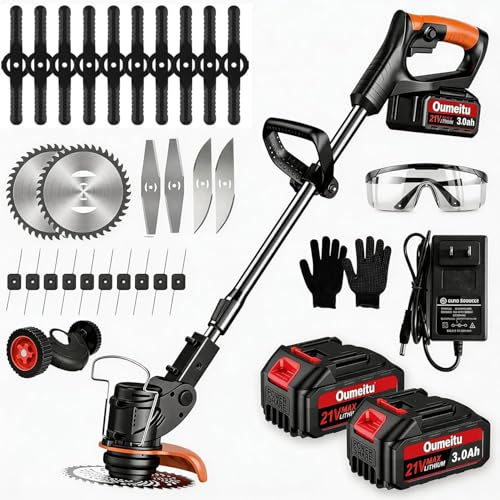 Akku Rasentrimmer mit Akku und Ladegerät,3-in-1 Elektrischer Akku Motorsense & Rasentrimmer Rasen mit 2 X 3.0AhAkku & Metall Messer & Teleskopstange, Akku Freischneider für Rasenschneiden und Garten