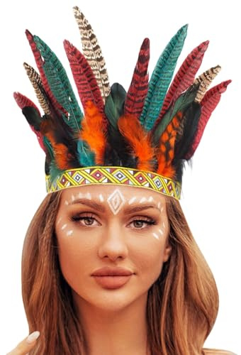Karneval Kostüm Damen Kinder, Stirnband Indianer mit Federn Damen Kinder Indianer Kopfschmuck Bunt Feder traditionellen Stil Nordamerikanischer Indianer Haarband Karneval Fasching Haarschmuck