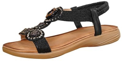 Genérico sandalias,planas con tiras en T y cuentas para,con piedras preciosas de colores y elástico Cuñas Transparentes (Black,38)
