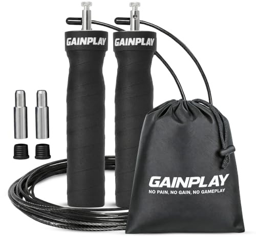 GainPlay Springseil mit Gewichten inkl. 2 Stahlseilen (1x Ersatzseil) – kugelgelagert, verstellbar, Anti-Rutsch-Griffe & Abnutzungsschutz – ideal für Fitness, Boxen & Crossfit