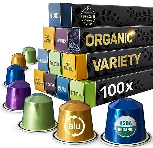 Real Coffee Organic Variety Pack | 4 Different Varieties | 100 Nespresso Compatible Aluminium Pods | Explorer Pack
