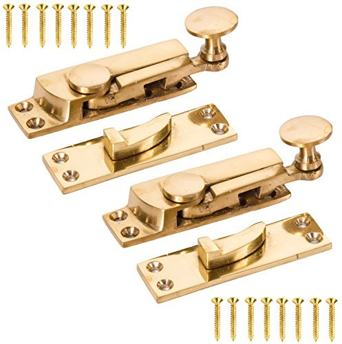2X Solid Brass Sash Window Lever Arm Fasteners - Slide Locking Wood Frame Latches