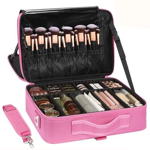 Relavel Travel Makeup Train Case Cosmetic Case Organizer Portable Artist Storage Bag with Adjustable Dividers for Cosmetics Makeup Brushes Toiletry Jewelry Digital Accessories (Pink)