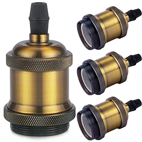 DiCUNO E27 vintage solid Lampenfassung, Aluminium & Keramik Lampenhalter, E27 Sockel für Glühbirne, Antiker-Look für Wand-, Tisch- & Deckenleuchte, DIY Zubehör, Vintage Brass, 4er Pack