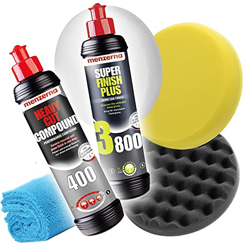 Detailmate Auto Politur Set - Menzerna 250ml: Autopolitur Heavy Cut Compund HCC400 + Super Finish Plus SFP3800 + 3x Menzerna Polier Pad 150mm + flauschiges Mikrofaser Poliertuch 40x40cm
