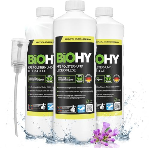 BiOHY KFZ Polster- & Lederpflege (3 x 1L) + Dosierer | Staubsaugerdüsen-Reiniger für Auto-Innenraum | Fleckenentferner für Sitze & Teppiche | biologisch abbaubar | Nass-Sauger