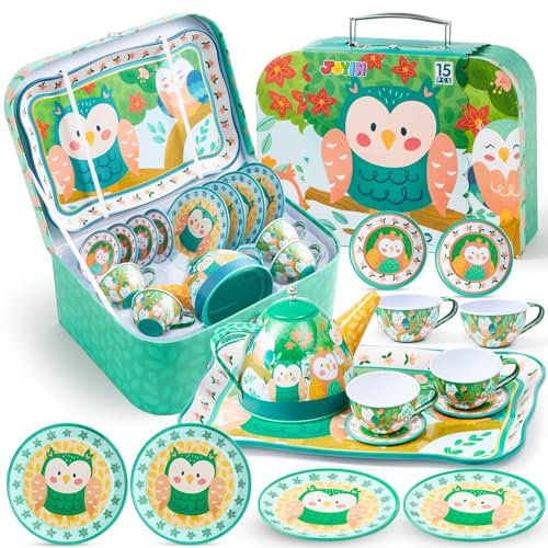 JOYIN Kinder Teeservice Tin Teekanne Set für Kinder Tee Party Küche Eule Teekanne Set als Jungen und Mädchen Geburtstagsgeschenk