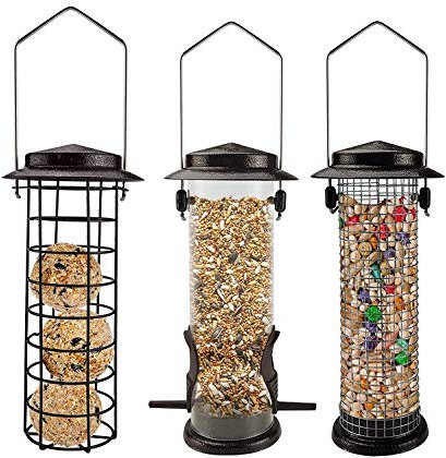 Urban Deco 3er Set Vogelfutterspender zum Aufhängen, Robust Metall Vogelfutterhaus für Vögel, Leicht zu reinigen und nachzufüllen (braun-3pk)