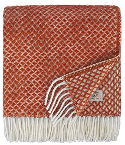 Linen & Cotton Suave y Cálida Manta de Lana Oveja Sofia con Flecos - 100% Pura Lana de Nueva Zelanda, Terracotta Naranja Rojo (130 x 170 cm) Plaid Manta de Tiro para Sofa Cama Dormitorio Sala de Estar