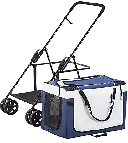LJFLI Hundebuggy Hundewagen Big 40 kg GroßEr Hund Klappbar Universalrad Auto Faltbare Autotasche Getrennt, Blue, Blau