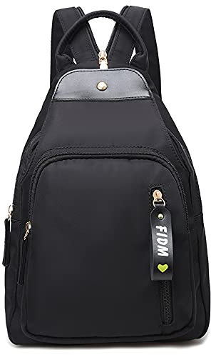 Rucksack für Damen Nylon, Kleine Umhängetasche mit Reißverschlussriemen, Lässige Tagesrucksäcke Radfahren Wandern Reisen (black)