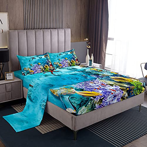 Underwate Set di lenzuola King Size , set di biancheria da letto con animali oceanici decorativi per mare, set di lenzuola da uomo, adulto, nuoto, animali, pesce, 4 pezzi con 2 federe