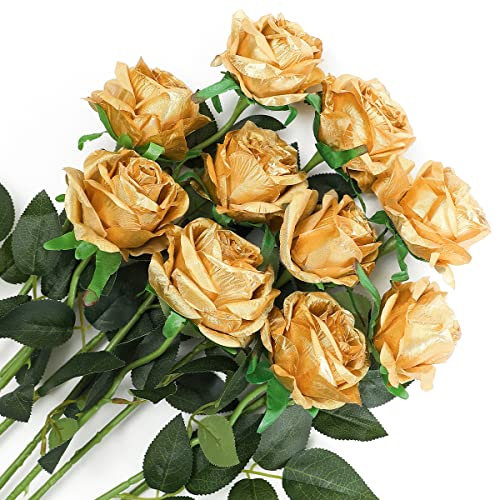 Veryhome 10 rosas artificiales de seda, flores falsas de tallo único, ramo de rosas para boda, hogar, fiesta de cumpleaños, arreglo de decoración de jardín (dorado)