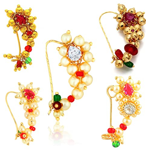radhna Maharashtrian Traditioneller Perlenschmuck Marathi Banu Nathiya Nasenring für Hochzeit Frauen Mädchen Design Combo Gold Pressnadel nicht durchbohrt (5 Stück) - NATH COMBO-144, Zink, Nr, Zink,