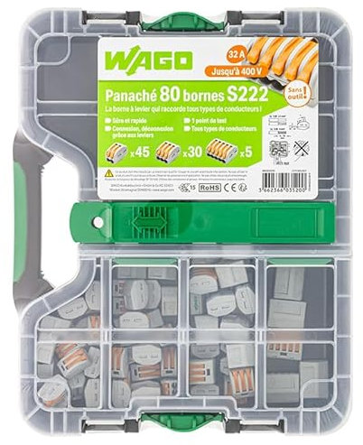 WAGO - Malette de 80 bornes de Connexion S222 2, 3, et 5 entrées pour Fils Souples et rigides