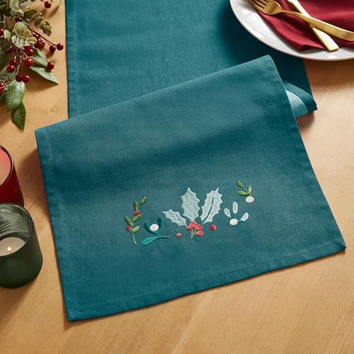Catherine Lansfield Runner da tavolo da pranzo in cotone ricamato con agrifoglio e vischio, 32 x 220 cm, colore: verde