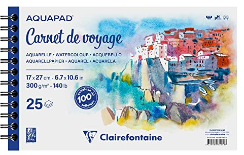 Clairefontaine 975959C - Skizzenbuch Aquapad 17x27cm, spiralgebunden mit 25 Bogen 300g, ideal für unterwegs, 1 Stück