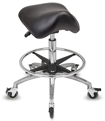 Staboos Rollhocker bis 160 kg - Premium Sattel Sitz mit Neigung, Lehne und Bremse - Praxishocker (Premium Rollen und Fußstütze) Drehhocker höhenverstellbar (55 cm bis 75 cm)