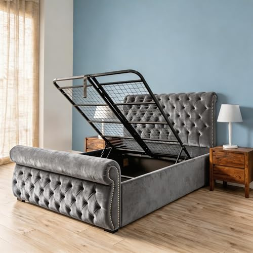 BED TREND Ottoman Bed Double| 4.6ft Double Storage Bed with Gas Lift Up Heavy Duty Mesh Frame, Upholstered Base and Headboard (Grey)