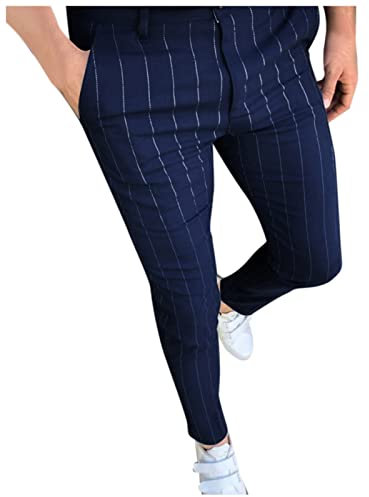 Pantalon de costume rayé pour homme - Long - Coupe ajustée - Avec poches latérales - Style décontracté - Respirant - Coupe ajustée, Marine, L