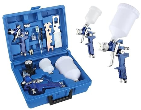 HVLP Farbsprüh-Set, 0,8 mm und 1,4 mm Düse, professionelles Luft-Schwerkraft-Sprühpistolen-Set mit 125 ml und 600 ml Tasse, Farbsprühwerkzeug für Auto, Möbel, Malerei, Handsprüher (blau), 2 Stück