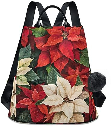 GAIREG Jul trähus stöldsäker ryggsäck handväska för kvinnor mode resväskor med pompom, Jul röda vita blommor
