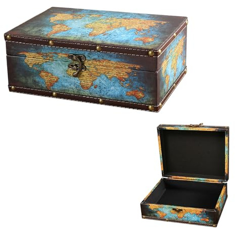 LIKEUDO Holz Dekorative Aufbewahrungsbox Box PU Abdeckung Weltkarte Erscheinung Holzkiste Zuhause Deko(23cm*16.5cm*9.5cm)