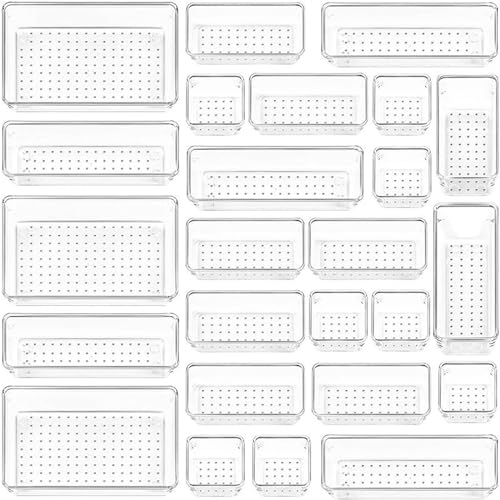 Gucass 25 Stk Schminktisch Organizer mit 4 Größe, Schubladen Organizer aus Klar Kunststoff Einsetzbar Schubladen Ordnungssystem, Makeup Organizer Aufbewahrungsbox für Kosmetik Küche Bad Büro(Punkte)
