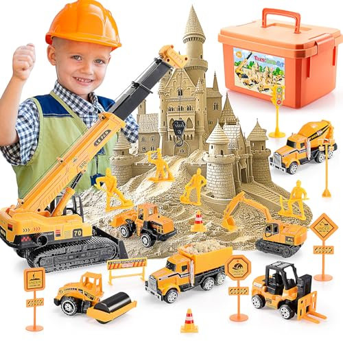 Geebiiny Magic Sand Set, Kinder Spielzeug ab 3 4 5 6 7 8 Jahre Jungen Geschenk 3-10 Jahre Baustellenfahrzeuge Kinder Kran Sandkasten Spielzeug Spielsand Zaubersand Knetsand