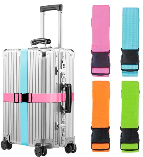 MOLHEM Set di 4 cinghie per bagagli e valigie, rinforzate e resistenti, regolabili (blu, rosa, arancione, verde)