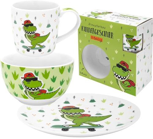 GRUSS & CO Geschirrset Motiv Dino | Geschenkset mit 1 Tasse, 1 Teller und 1 Schale, Porzellan | Geschenk, Schulstart, Kindergarten, Kindergeburtstag | 48843