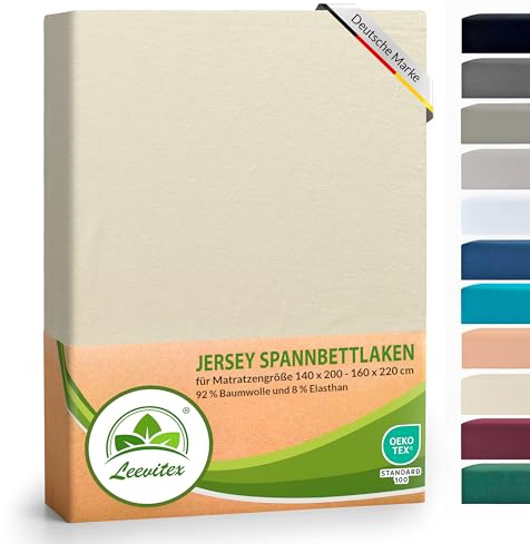 leevitex® Luxus Elasthan Jersey Spannbettlaken | 140x200 – 160x220 cm | Multistretch | 250 g/m² | 92% Mako-Baumwolle und 8% Elasthan | 40cm Steghöhe | außergewöhnlich hochwertige Ausführung | Natur