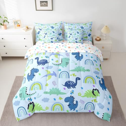 Feelyou Boys Dinosaur Toddler 7 Piece Bedding Set Twin Size Girls Blue Green Dinosaurs Duvet Cover Cute Cartoon Dino Rainbow Bed in a Bag Kids Room Decor Reversible Stars Bed Set for All Seasons