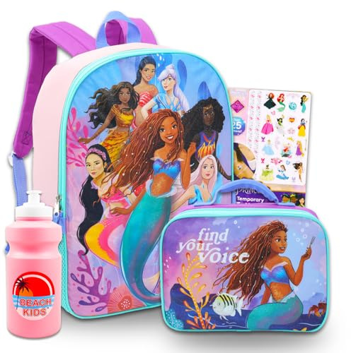 Disney The Little Mermaid - Zaino con borsa per il pranzo, set con zaino Ariel da 40,6 cm, borsa per il pranzo, bottiglia d'acqua, tatuaggi, altro ancora, zaino per la scuola per bambini, Multicolore,