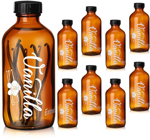 Uiifan Paquete de 8 botellas de vidrio ámbar de 2 onzas, botellas redondas Boston con tapas, botellas de extracto de vainilla marrón, serigrafía de alta temperatura para jarabe, regalo, recipiente de
