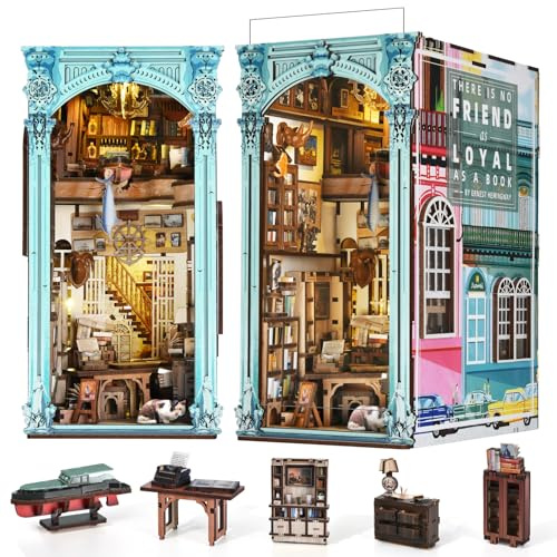 MiniCity Book Nook Kits für Erwachsene, DIY Miniatur Haus Kits, 3D Holz Booknooks Puzzle, Bücherregal Deko Bücher, Geschenke für Frauen und Männer (Hemingway-Haus) | DIY-Modell mit 700 Teilen und 18 × 23 × 18 cm; LED, Staubschutz, Kleber und Werkzeug, Aufbau 10–12 Std., ab 14 Jahren.