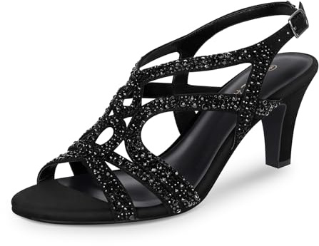 PIZZ ANNU Amelia Sandali Donna Estive Eleganti Comode Glitter Strass Sandalo Slingback Scarpe con Tacco Punta Aperta Kitten per Cerimonia Sposa Nero EU 42