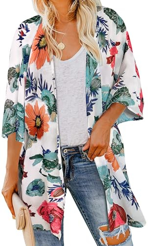 florynova Kimono para mujer, cárdigan de verano con frente abierto, para cubrir el traje de baño, camisas hawaianas de playa, Flor blanca., XL