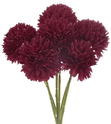 M METERXITY 6-Pack de Flores de Bola de Crisantemo Artificial, 11 Ramo de Hortensias de Seda Falsa Tacto Real Flores Falsas para Hogar/Boda/Navidad/Fiesta/Jardín Oficina [Rojo Vino]