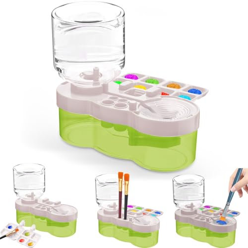 JEChrochen 2025 Multifunctional Paint Brush Cleaner Tool, Acrylic Paint Brush Rinser with Holder and Palette, Green White ABS Plastic