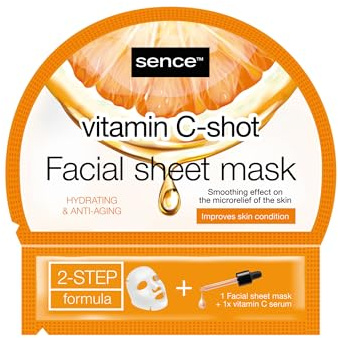 Sence 2-Schritt Vitamin C Tuchmaske fürs Gesicht mit 4 Hyaluronsäuren und Moringaöl, Wellness Kosmetik und Gesichtspflege zur Entspannung, Vegan Beauty Skincare für Damen und Herren, 6er Pack