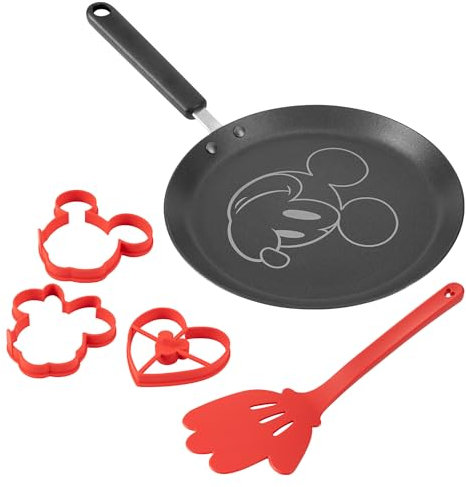 PRESTIGE Disney Pancake Pan Pancake Day Set, Pancake Turner/Mini Pancake Mould Set x 3 / 24cm Pancake Pan, Grey, Red