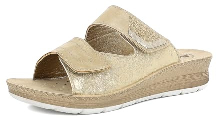 inblu Femme Ciabatte Donna A Doppia Fascia Con Chiusura A Strappo Regolabile E Strass, Plantare in Vera Pelle Sandale Glissante, Sable, 37 EU