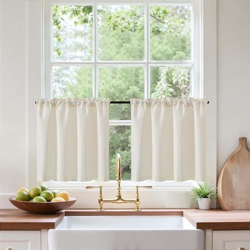 Vangao Waffel Scheibengardinen Modern Beige Küche Bistrogardine 2er Set 90Bx60Hcm Einfarbig Landhaus Gardinen Kurz mit Stangendurchzug Lichtfilterung Küchengardinen für Wohnzimmer Wohnwagen Cafè