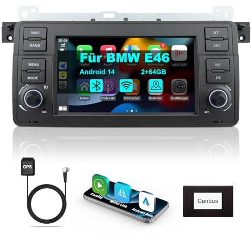 Lehwey Bluetooth Autoradio mit Bildschirm für BMW E46 3 Serien 1998-2006 M3 Rover ZT mit Navi WLAN AM/FM, Apple Carplay, Android Auto, Lenkrad Strg, 2Din Android 14 DAB Auto Radio Touch Display 7 Zoll