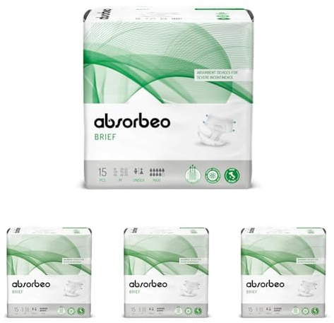 Absorbeo Windel Maxi 15 Stück, Saugfähiges Hilfsmittel für Schwere Blasenschwäche, Absoluter Komfort, Totaler Schutz, Anti-Odour-System, Vollständig Atmungsaktiv, Unisex, Größe M (Packung mit 4)
