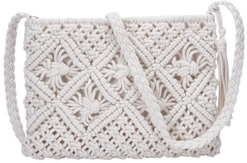 WEBEEDY Weißer Makramee Umhängetasche Boho Handgefertigte Gewebte Umhängetasche Für Den Strand Reise Täglicher Gebrauch Geschenk Für Geburtstag Urlaub Hochzeit 26x20.5 cm Körper