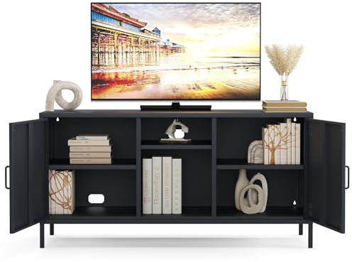 furni24 Metall TV-Schrank – Retro TV Lowboard – Möbel mit Türen und verstellbaren Ablagen – Robuste und stilvolle Aufbewahrungslösung für das Wohnzimmer- mit 3 Regalen, Anthrazit