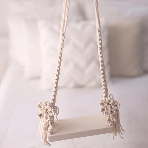 DICHA Handmade Macrame Newborn Photography Props with 2 Backdrop Clips-Baby Swing Photo Shoot Accessory–Wooden Newborn Photoshoot Props-Cream Rope with White Wood