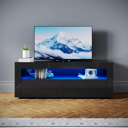 SONNI TV-skåp modernt 120 cm, lågbräda högglans svart med 16 färger LED-belysning, 2 lådor, 2 dörrar för TV upp till 55 tum, TV-bord för vardagsrum och sovrum, 120 x 40 x 45 cm.